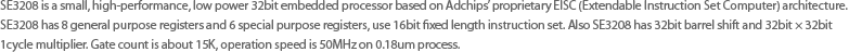 Embedded microprocessor 시장에서 30MIPS 이하 performance microprocessor의 점유율이 높은 것으로 조사되고 있어, low end 32bit microprocessor 시장을 Target으로 SE3208을 개발하였다. SE3208은 8개의 general purpose register, 6개의 special purpose register를 가지고 있으며, 16bit fixed length instruction set을 사용한다. 또한 32 × 32 = 32 signed multiplier와 32bit barrel shift를 갖추고 있다. Gate count는 multiplier와 barrel shift를 포함하여 25K gate이며, SE3208은 32bit simple EISC microprocessor로 30 – 50MIPS 이하의 performance를 필요로 하는 대부분의 embedded market에 적합하도록 개발된 제품이다. 경쟁사에 비하여 hardware가 간단하고, code density가 높거나 같으며, performance가 높은 장점을 가지고 있다.