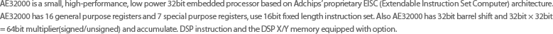 AE32000은 High code density, High performance 32bit embedded microprocessor로 16개의 general purpose register, 7개의 special purpose register를 가지고 있으며, 16bit fixed length instructions set을 사용한다. 또한 32 × 32 = 64 signed/unsigned multiplier와 32 × 32 = 64 multiply and accumulate(MAC) 및 32bit barrel shift를 갖추고 있으며, DSP instruction과 DSP X/Y memory를 option으로 갖추고 있다. AE32000은 기존 RISC/CISC microprocessor와 비교하여 code density가 높고, hardware가 간단하며, performance가 높으면서, 전력 소모가 적다.
