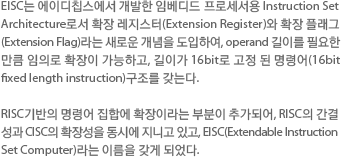 EISC는 ㈜에이디칩스에서 개발한 embedded 프로세서용 Instruction Set Architecture로 확장 레지스터(Extension register)와 확장 플래그(Extension flag)라는 새로운 개념을 도입하여, Operand 길이를 필요한 만큼 임의로 확장이 가능하고, 길이가 16bit로 고정 된 명령어(16bit fixed length instruction)구조를 갖는다. RISC기반의 명령어 집합에 확장이라는 부분이 추가되어, RISC의 간결성과 CISC의 확장성을 동시에 지니고 있고, EISC(Extendable Instruction Set Computing)라는 이름을 갖게 되었다.