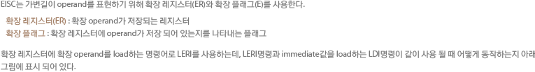EISC는 가변길이 Operand를 표현하기 위해 확장 레지스터(ER)와 확장 플래그(E)를 사용한다.   확장 레지스터(ER) : 확장 Operand가 저장되는 레지스터  확장 플래그 : 확장 레지스터에 Operand가 저장 되어 있는지를 나타내는 플래그. 확장 레지스터에 확장 Operand를 load하는 명령어로 LERI를 사용하는데, LERI명령과 immediate값을 Load하는 LDI명령이 같이 사용 될 때 어떻게 동작하는지 아래 그림에 표시 되어 있다.